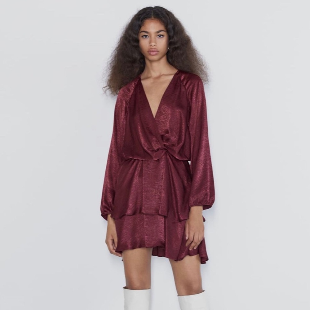 zara burgundy king puff sleeve satin dress